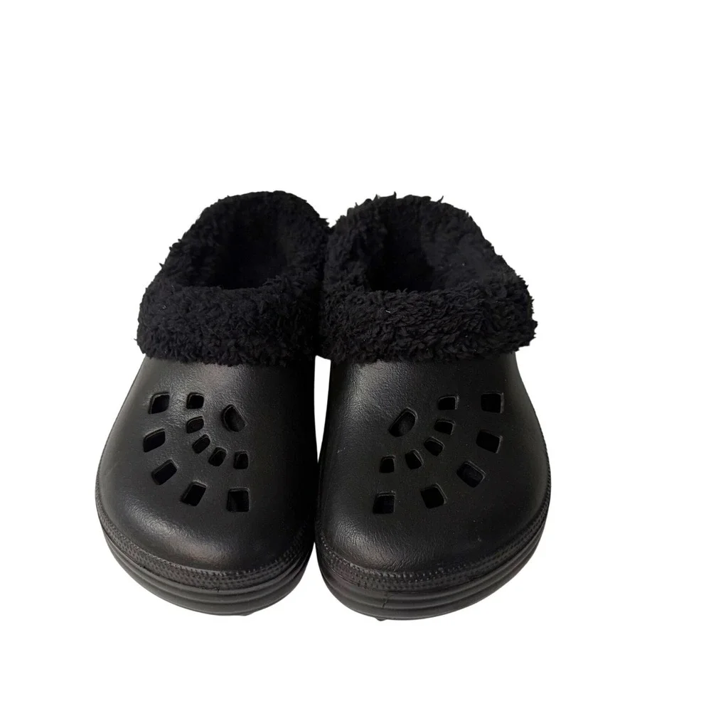 Black Faux Fur Lined Clogs Kids Size 5/6 Slip On Comfort Shoes Round Toe